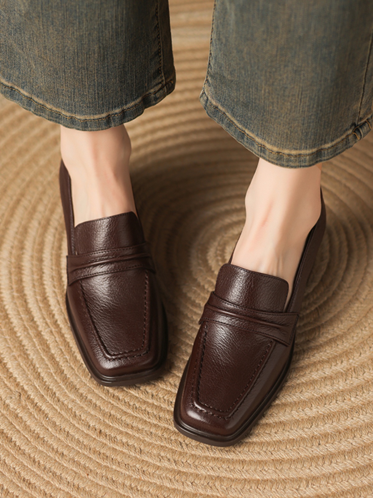 Retro Genuine Leather Square Toe Chunky Heel Loafers for Women - British Style Slip-On Mid-Heel Shoes, Sizes 41-43