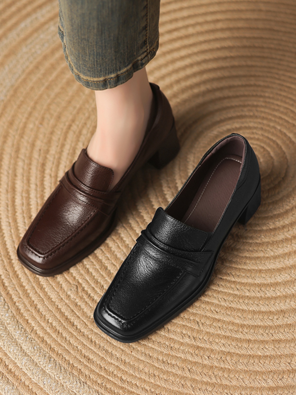 Retro Genuine Leather Square Toe Chunky Heel Loafers for Women - British Style Slip-On Mid-Heel Shoes, Sizes 41-43 Retro Genuine Leather Square Toe Chunky Heel Loafers for Women - British Style Slip-On Mid-Heel Shoes, Sizes 41-43