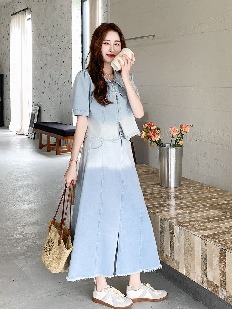 Retro Gradient Denim Suit Dress for Women - Stylish Short Jacket and Skirt Two-Piece Set for Summer 2025, Sweet Cool Vibe