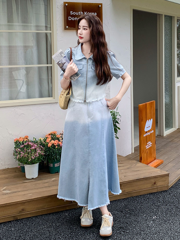 Retro Gradient Denim Suit Dress for Women - Stylish Short Jacket and Skirt Two-Piece Set for Summer 2025, Sweet Cool Vibe Retro Gradient Denim Suit Dress for Women - Stylish Short Jacket and Skirt Two-Piece Set for Summer 2025, Sweet Cool Vibe