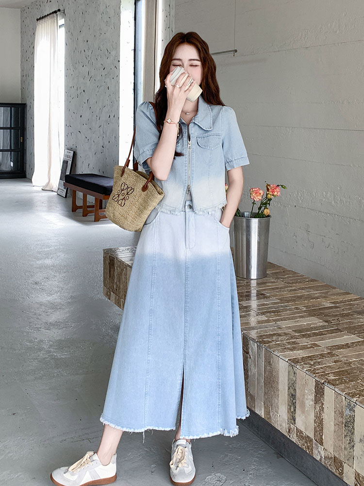 Retro Gradient Denim Suit Dress for Women - Stylish Short Jacket and Skirt Two-Piece Set for Summer 2025, Sweet Cool Vibe Retro Gradient Denim Suit Dress for Women - Stylish Short Jacket and Skirt Two-Piece Set for Summer 2025, Sweet Cool Vibe