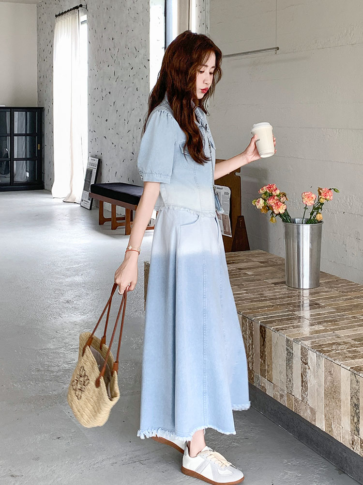 Retro Gradient Denim Suit Dress for Women - Stylish Short Jacket and Skirt Two-Piece Set for Summer 2025, Sweet Cool Vibe Retro Gradient Denim Suit Dress for Women - Stylish Short Jacket and Skirt Two-Piece Set for Summer 2025, Sweet Cool Vibe