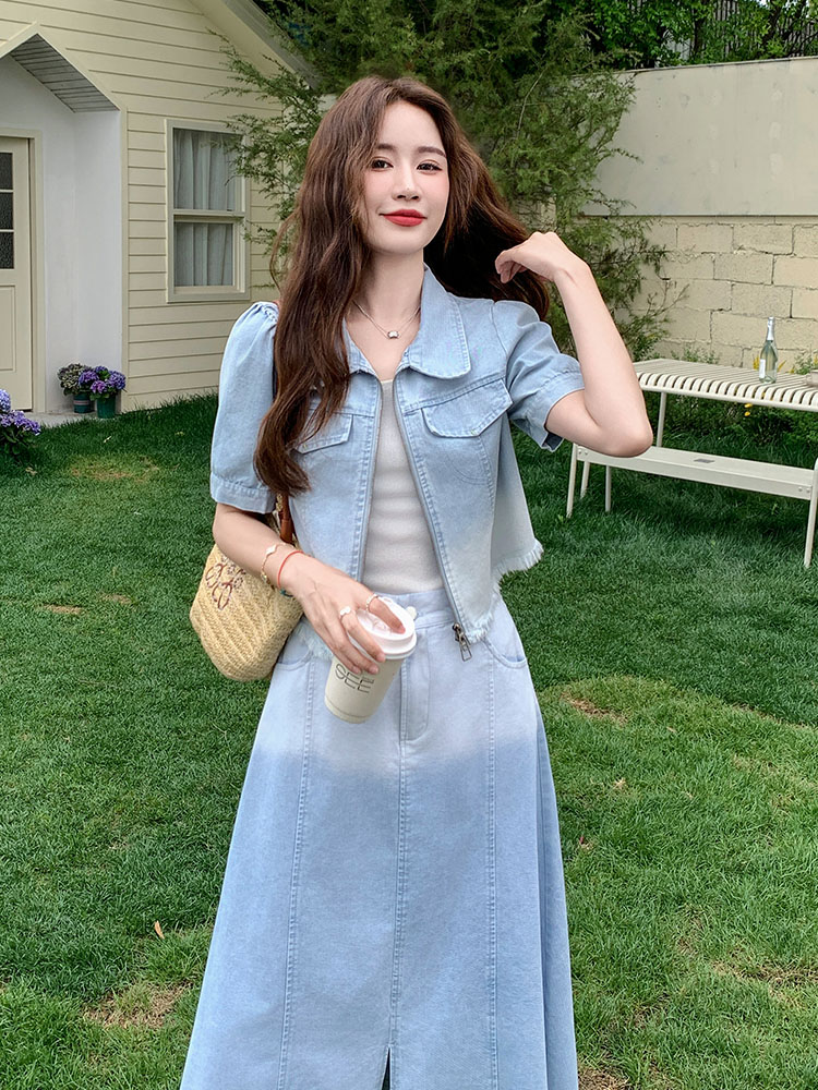 Retro Gradient Denim Suit Dress for Women - Stylish Short Jacket and Skirt Two-Piece Set for Summer 2025, Sweet Cool Vibe Retro Gradient Denim Suit Dress for Women - Stylish Short Jacket and Skirt Two-Piece Set for Summer 2025, Sweet Cool Vibe