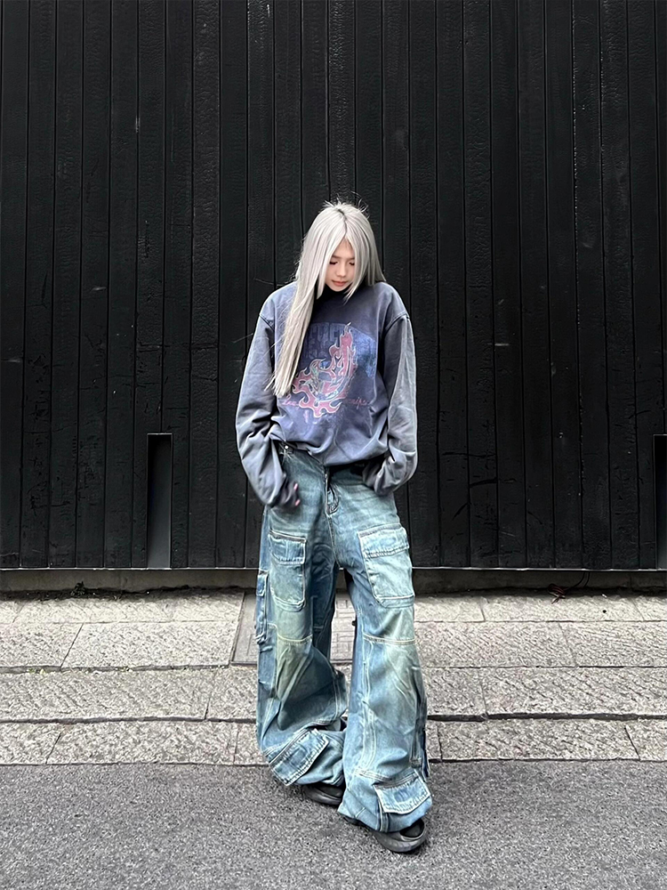 Retro High Street Women's Denim Pants - Loose Slim Straight Wide-Leg Workwear for Spring & Autumn