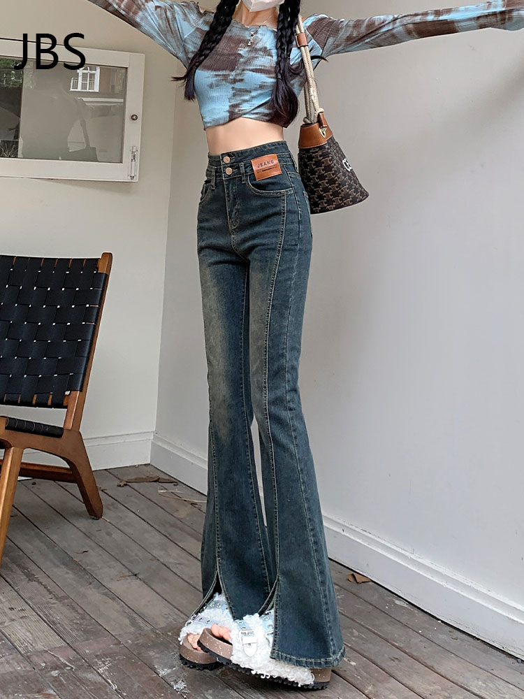 Retro High Waist Fleece-Lined Flared Jeans for Women - Slim Fit Split Hem Autumn Winter 2025, Flattering for Petite Figures Retro High Waist Fleece-Lined Flared Jeans for Women - Slim Fit Split Hem Autumn Winter 2025, Flattering for Petite Figures