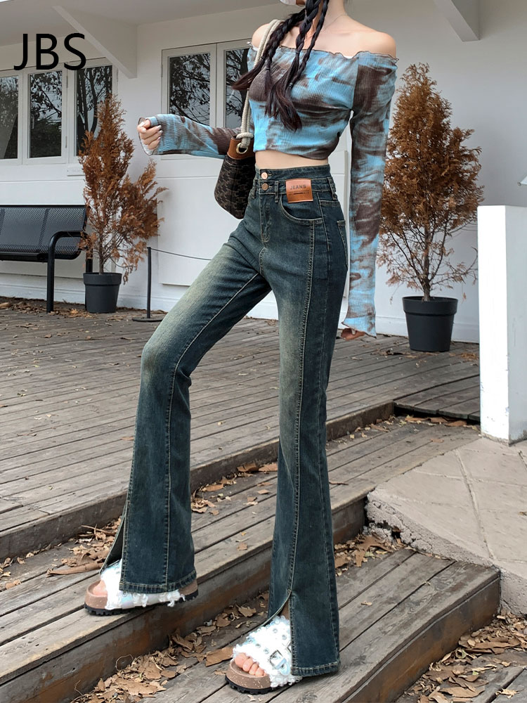 Retro High Waist Fleece-Lined Flared Jeans for Women - Slim Fit Split Hem Autumn Winter 2025, Flattering for Petite Figures Retro High Waist Fleece-Lined Flared Jeans for Women - Slim Fit Split Hem Autumn Winter 2025, Flattering for Petite Figures