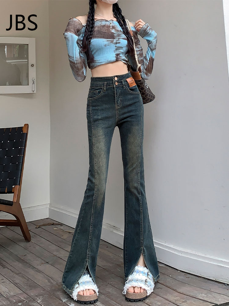 Retro High Waist Fleece-Lined Flared Jeans for Women - Slim Fit Split Hem Autumn Winter 2025, Flattering for Petite Figures Retro High Waist Fleece-Lined Flared Jeans for Women - Slim Fit Split Hem Autumn Winter 2025, Flattering for Petite Figures