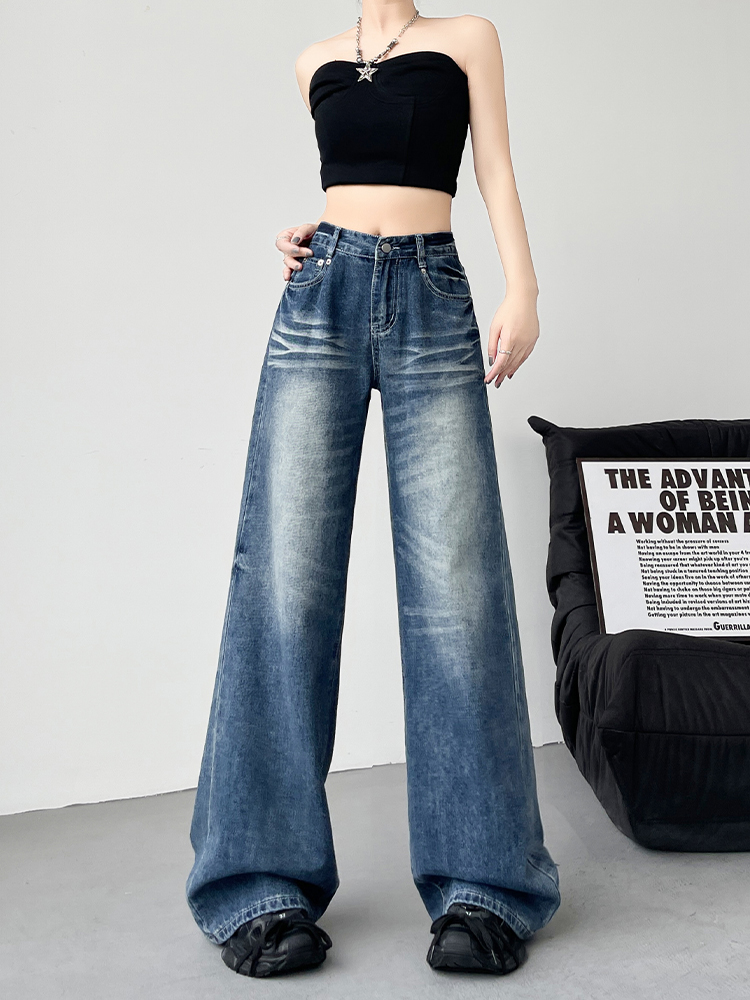 Retro High-Waisted Wide-Leg Jeans for Women, Loose Fit Casual Straight-Leg Pants, 2025 Spring Style, Floor-Length Fashion