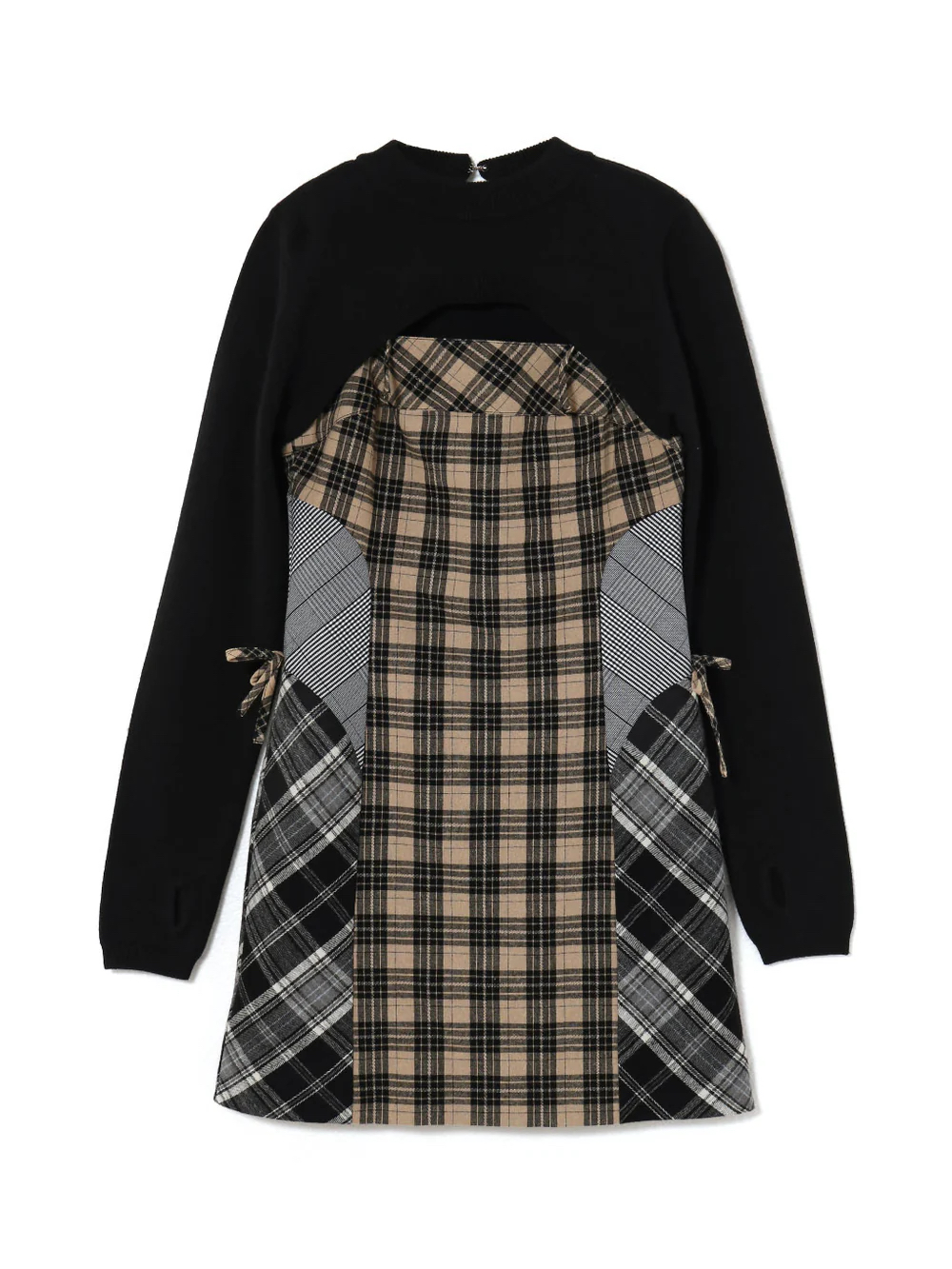 Retro Japanese Plaid Splicing Two-Piece Dress - Long Sleeve, Waist-Cinching Bodycon Skirt for Women, Perfect for Y2K Style