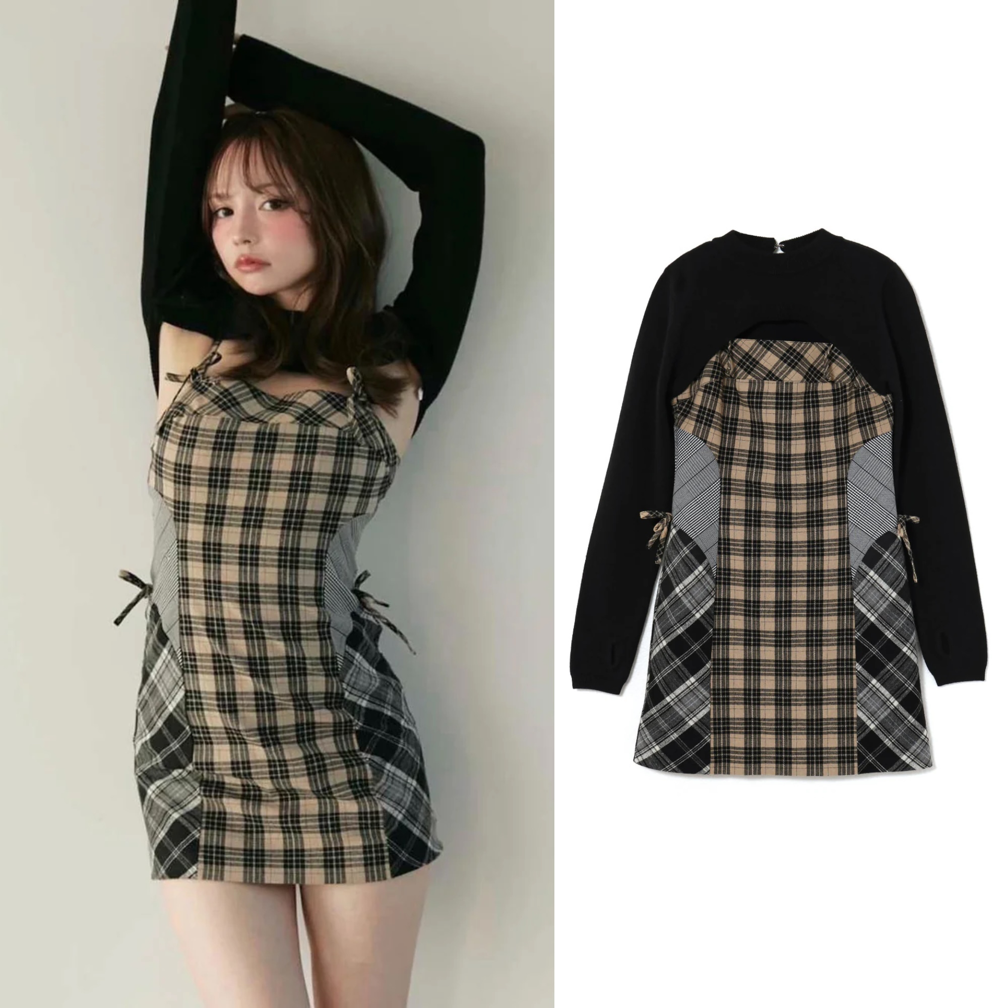 Retro Japanese Plaid Splicing Two-Piece Dress - Long Sleeve, Waist-Cinching Bodycon Skirt for Women, Perfect for Y2K Style