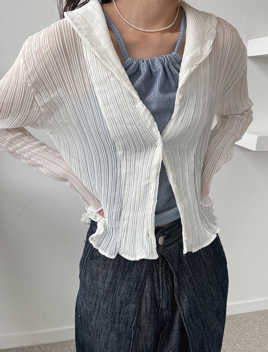 Retro Lightweight Pleated Vertical Stripe Sheer Long-Sleeve Fitted Shirt with Ruffled Edges - Unique Y2K Style