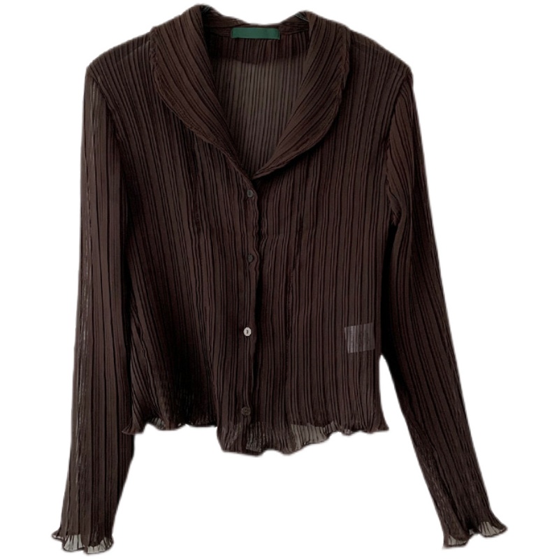 Retro Lightweight Pleated Vertical Stripe Sheer Long-Sleeve Fitted Shirt with Ruffled Edges - Unique Y2K Style Retro Lightweight Pleated Vertical Stripe Sheer Long-Sleeve Fitted Shirt with Ruffled Edges - Unique Y2K Style
