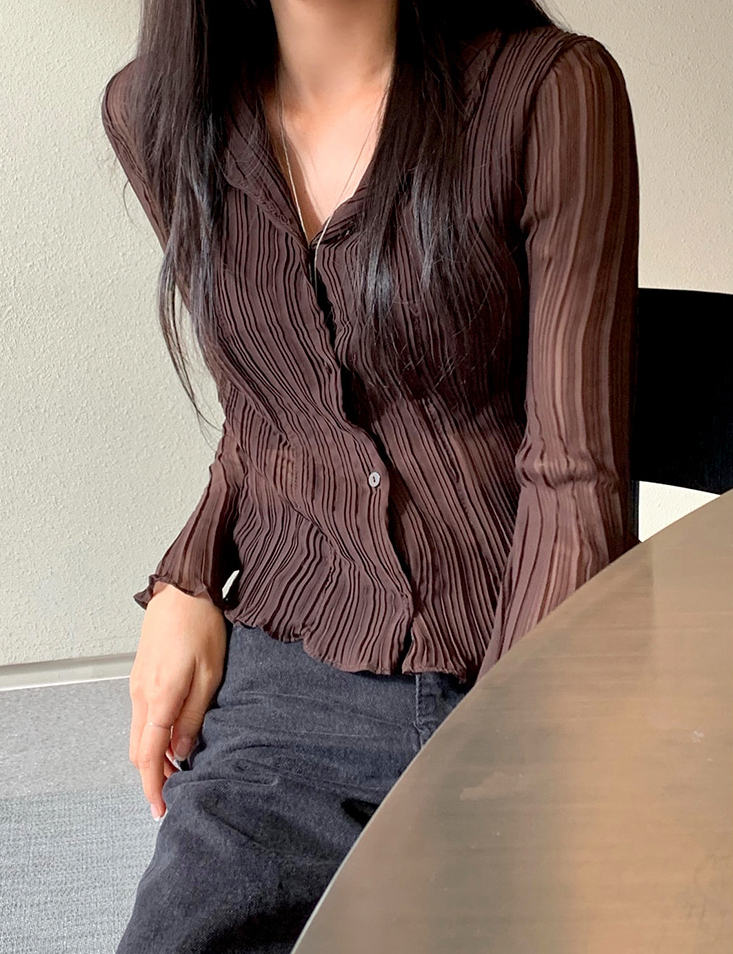 Retro Lightweight Pleated Vertical Stripe Sheer Long-Sleeve Fitted Shirt with Ruffled Edges - Unique Y2K Style Retro Lightweight Pleated Vertical Stripe Sheer Long-Sleeve Fitted Shirt with Ruffled Edges - Unique Y2K Style