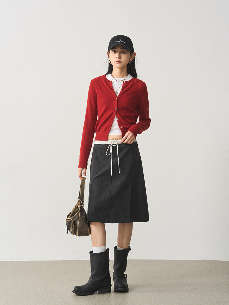 Retro Linen Gray Waist-Spliced Slimming Five-Point Half Skirt - Elegant Mid Skirt for 90s and Y2K Inspired Fashion