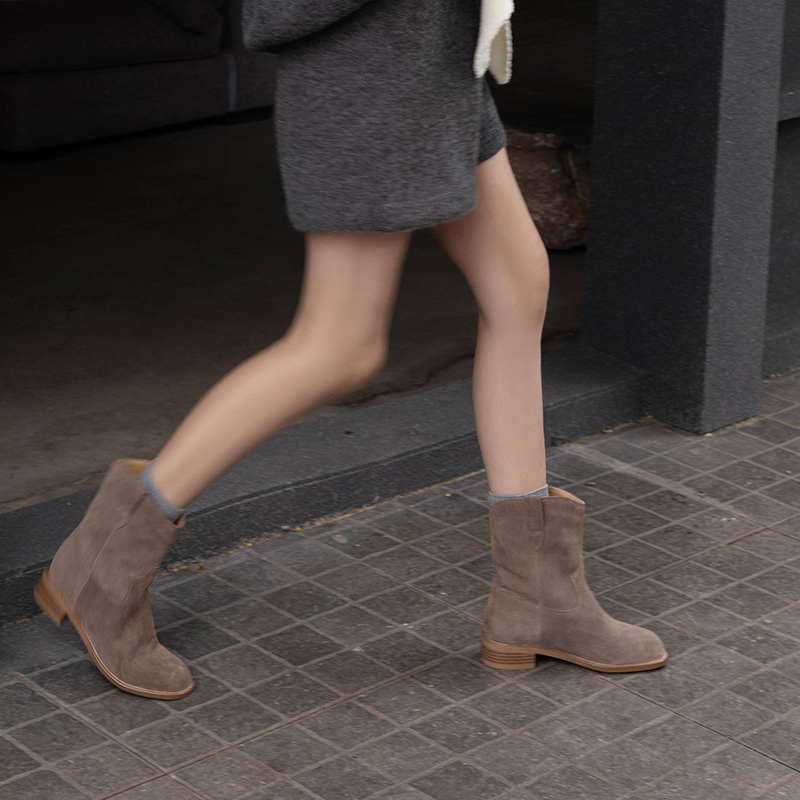 Retro Matte Suede Western Short Boots for Women, Chunky Heel, Round Toe, Slip-On Riding Boots, Trendy Y2K Style