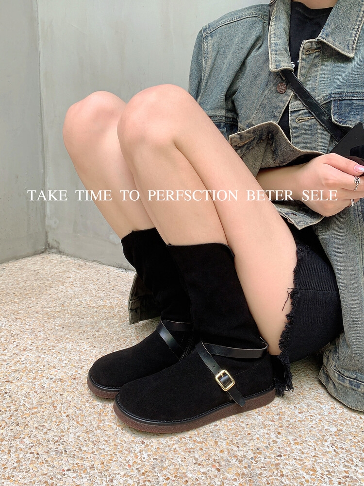 Retro Mid-Calf Flat Suede Leather Riding Boots with Round Toe and Belt Buckle - Versatile Cowboy Style Footwear Retro Mid-Calf Flat Suede Leather Riding Boots with Round Toe and Belt Buckle - Versatile Cowboy Style Footwear