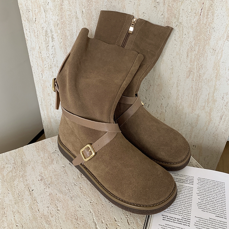 Retro Mid-Calf Flat Suede Leather Riding Boots with Round Toe and Belt Buckle - Versatile Cowboy Style Footwear