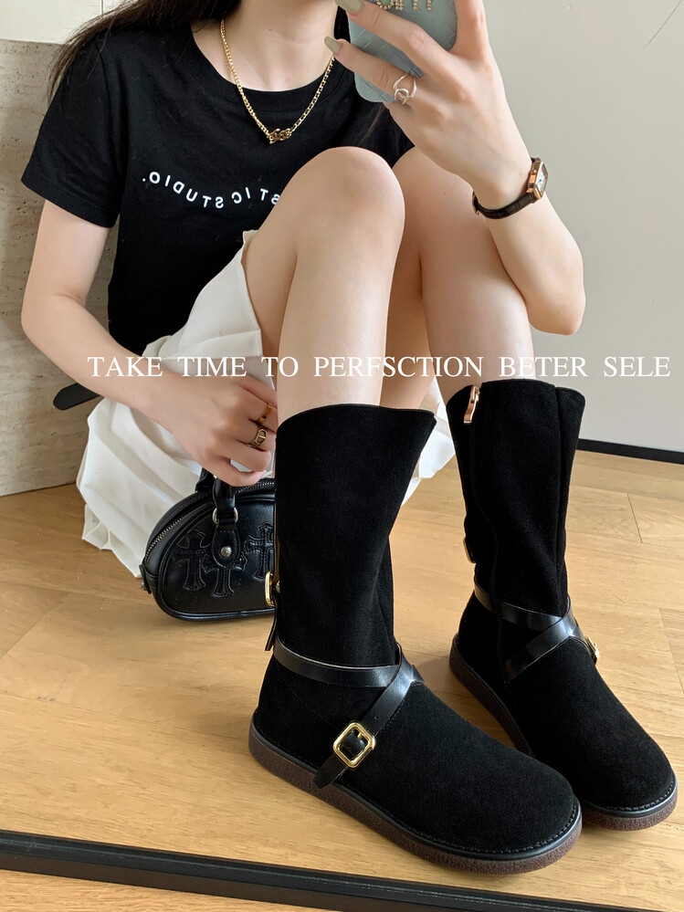 Retro Mid-Calf Flat Suede Leather Riding Boots with Round Toe and Belt Buckle - Versatile Cowboy Style Footwear Retro Mid-Calf Flat Suede Leather Riding Boots with Round Toe and Belt Buckle - Versatile Cowboy Style Footwear
