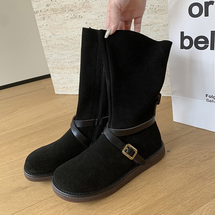 Retro Mid-Calf Flat Suede Leather Riding Boots with Round Toe and Belt Buckle - Versatile Cowboy Style Footwear Retro Mid-Calf Flat Suede Leather Riding Boots with Round Toe and Belt Buckle - Versatile Cowboy Style Footwear