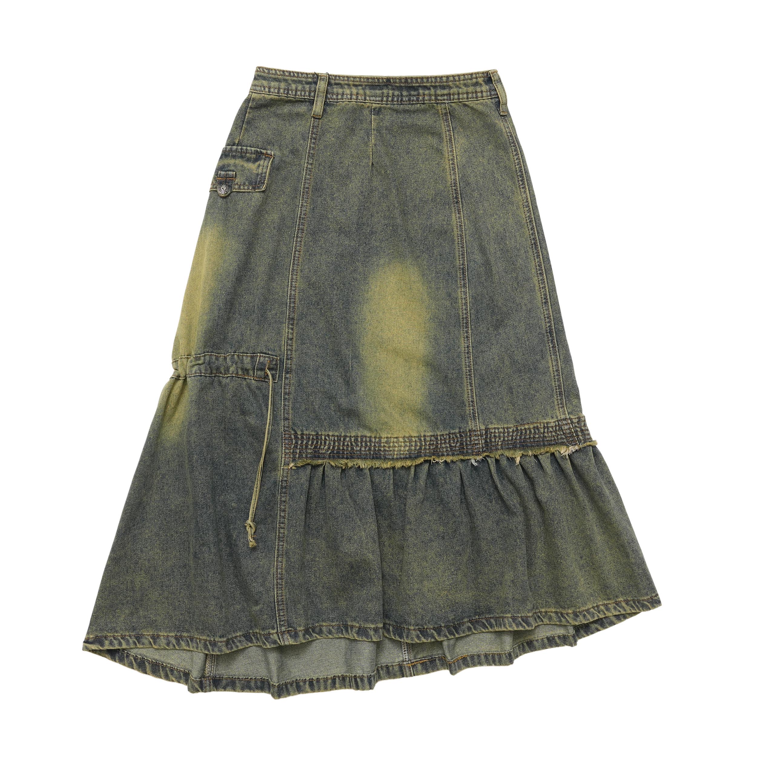 Retro Millennial Asymmetrical Denim Skirt - Heavy-Duty Mid-Length Wasteland Style for Spicy Girls