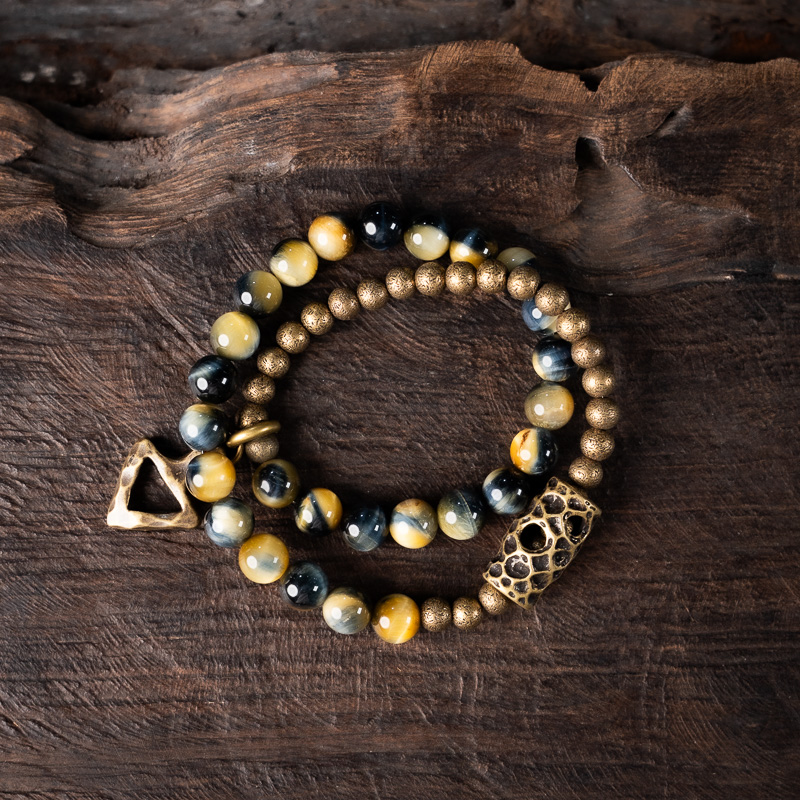 Retro Minimalist Double Circle Bracelet with Yellow Tiger Eye Stone Beads - Unique Unisex Accessory