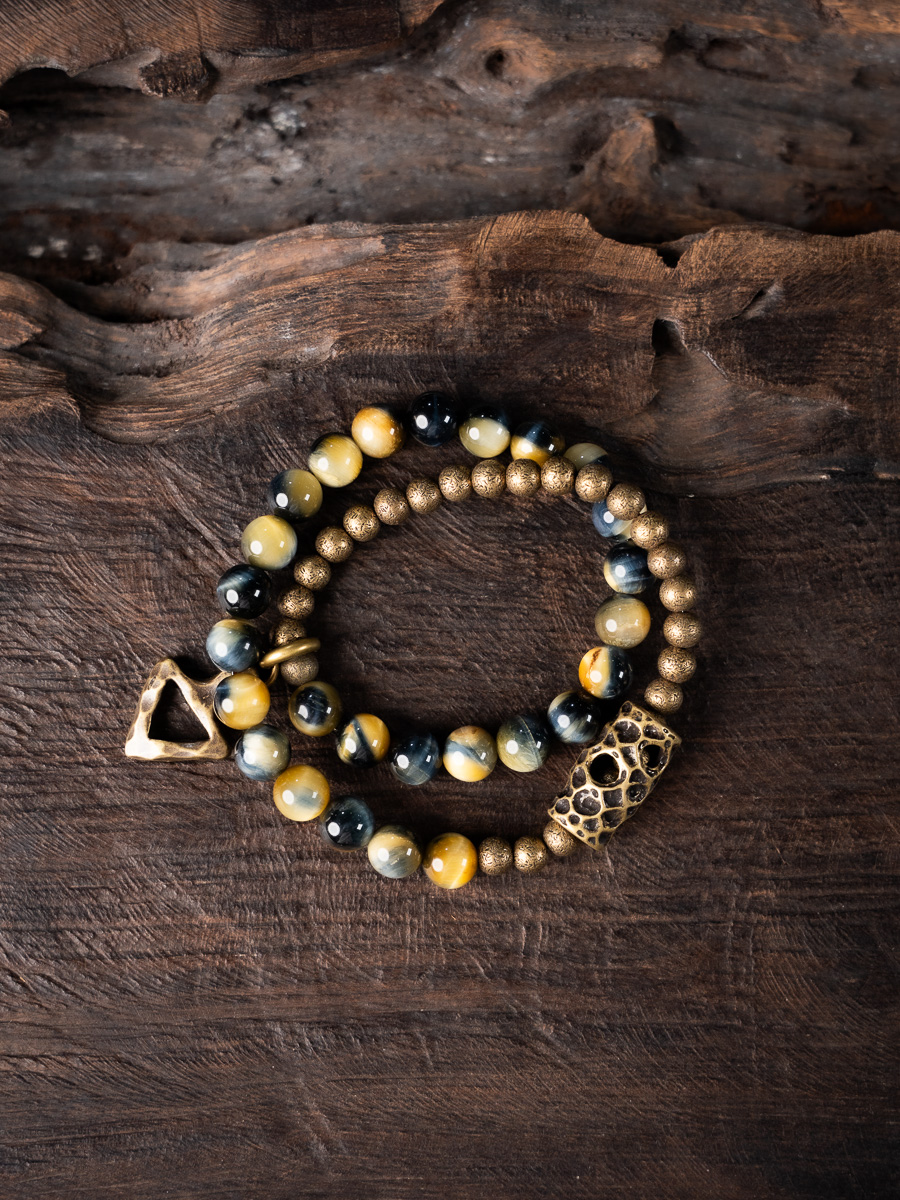 Retro Minimalist Double Circle Bracelet with Yellow Tiger Eye Stone Beads - Unique Unisex Accessory Retro Minimalist Double Circle Bracelet with Yellow Tiger Eye Stone Beads - Unique Unisex Accessory