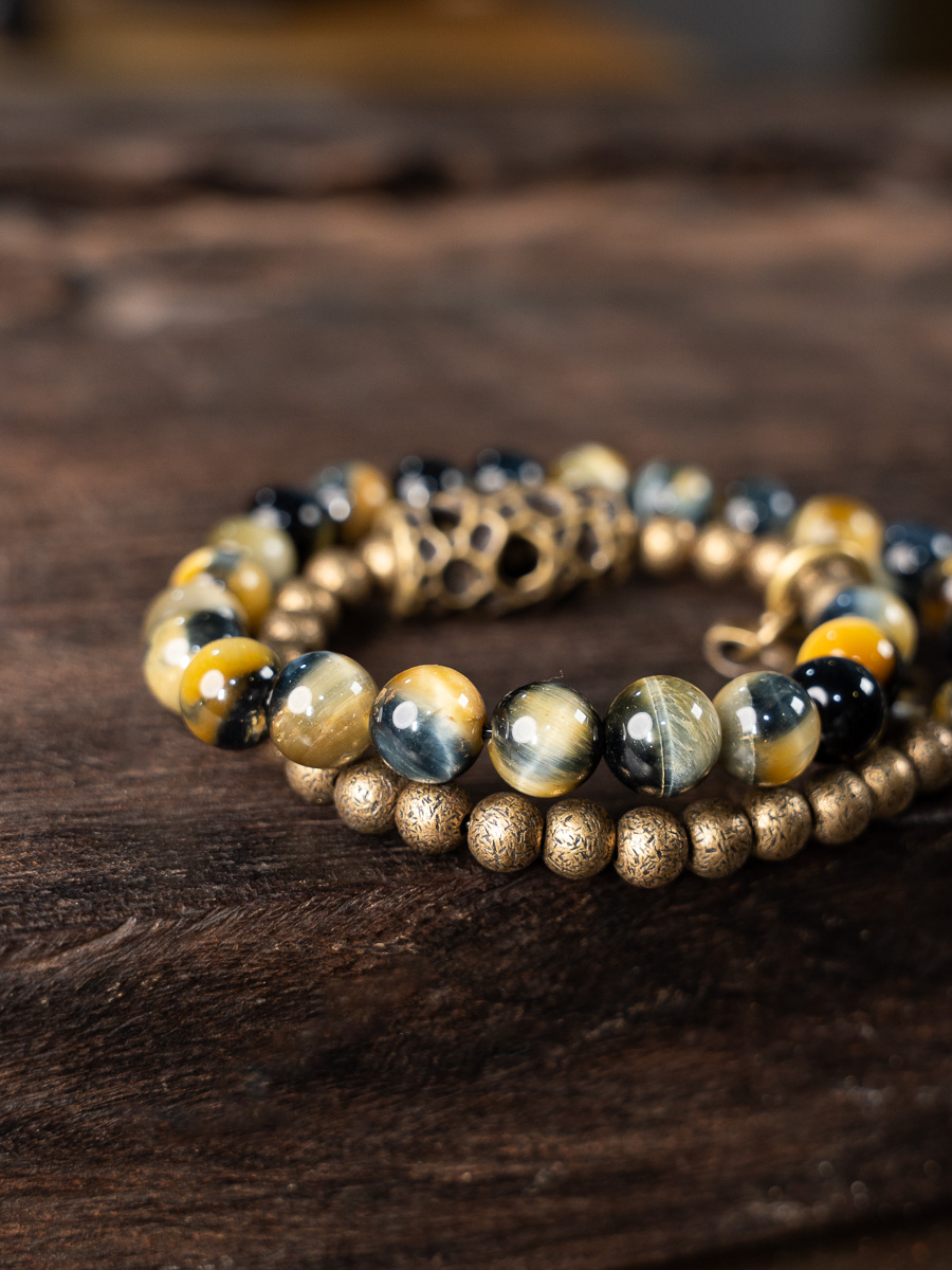 Retro Minimalist Double Circle Bracelet with Yellow Tiger Eye Stone Beads - Unique Unisex Accessory Retro Minimalist Double Circle Bracelet with Yellow Tiger Eye Stone Beads - Unique Unisex Accessory
