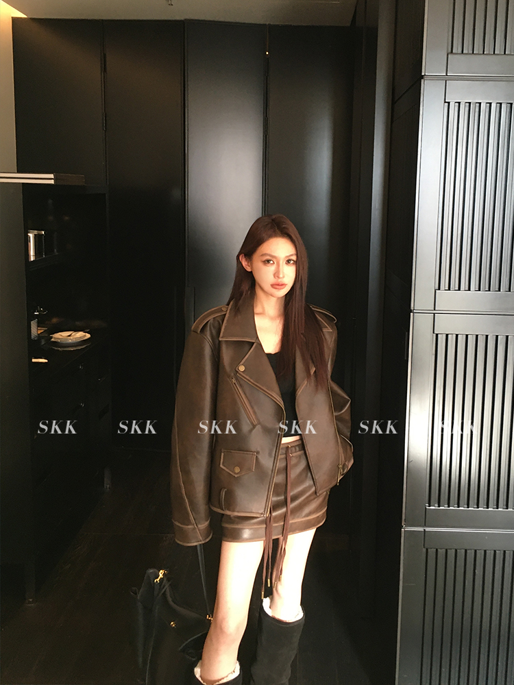 Retro Motorcycle Leather Jacket and PU Leather Skirt Set for Women - Borderless Freedom BF Style Spring Fashion