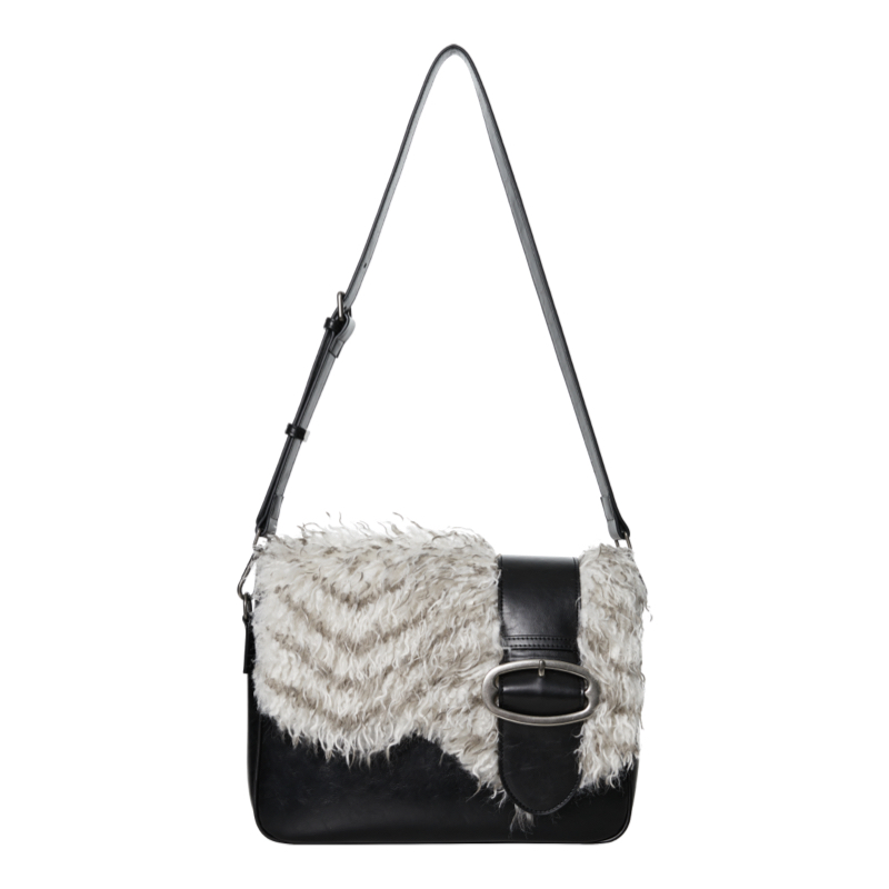 Retro Motorcycle Leather Saddle Bag with Cold Saddle Fur Cover - Vintage Style, Perfect for 90s and Y2K Fashion Enthusiasts