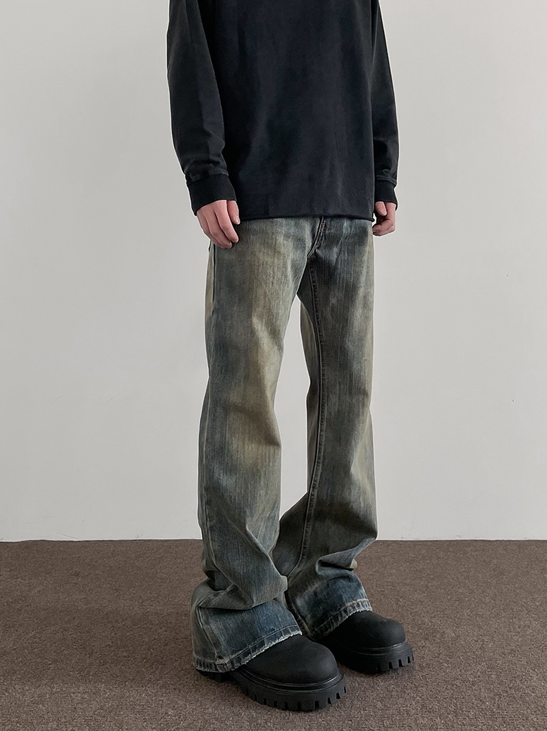 Retro Mud-Dyed Distressed Denim Pants - Trendy Straight Leg Flared Trousers for High Street Style, 90s Inspired Fashion