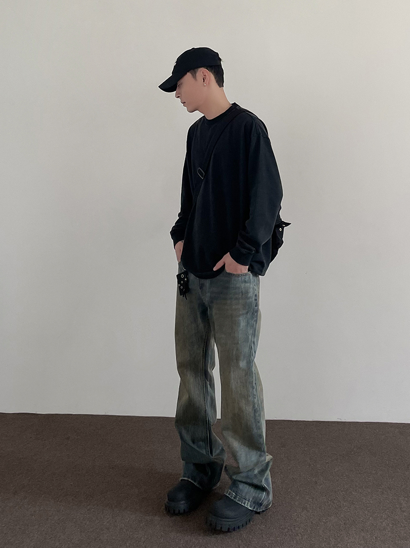 Retro Mud-Dyed Distressed Denim Pants - Trendy Straight Leg Flared Trousers for High Street Style, 90s Inspired Fashion Retro Mud-Dyed Distressed Denim Pants - Trendy Straight Leg Flared Trousers for High Street Style, 90s Inspired Fashion