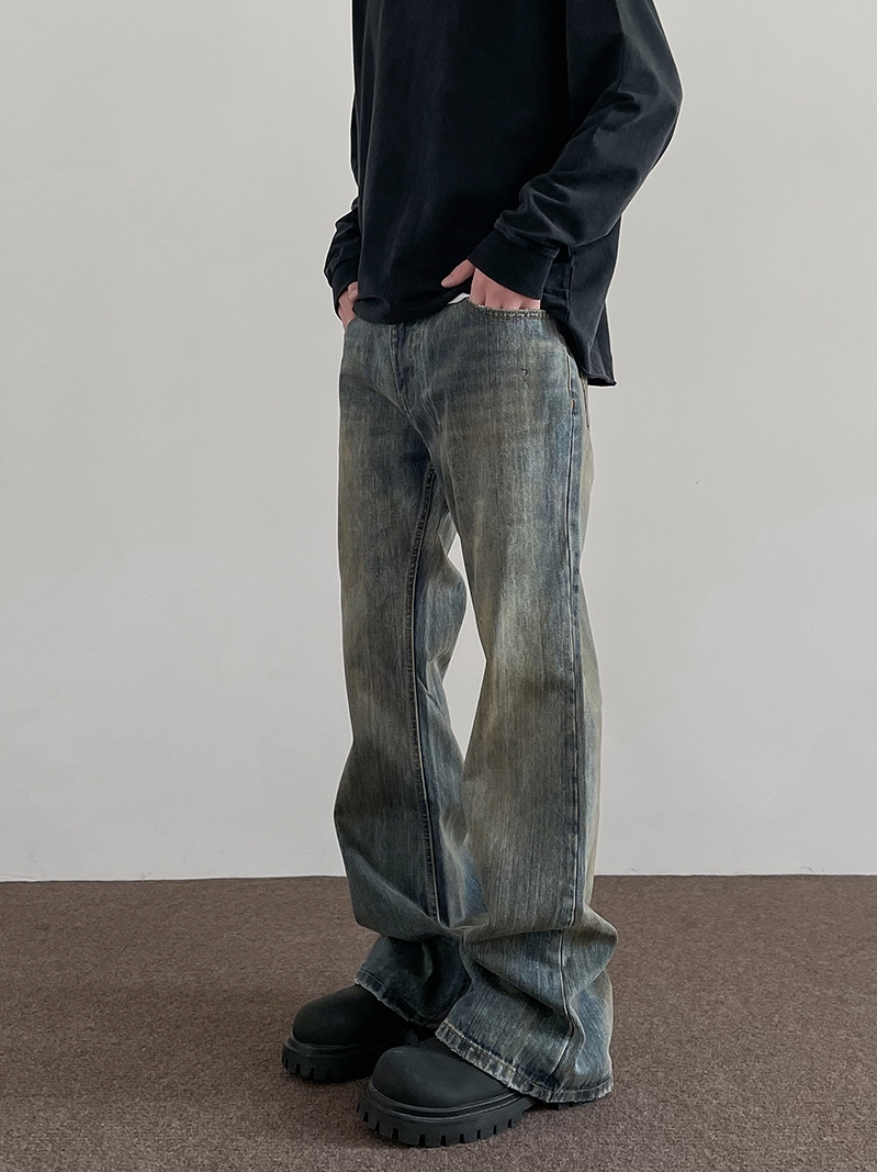 Retro Mud-Dyed Distressed Denim Pants - Trendy Straight Leg Flared Trousers for High Street Style, 90s Inspired Fashion Retro Mud-Dyed Distressed Denim Pants - Trendy Straight Leg Flared Trousers for High Street Style, 90s Inspired Fashion