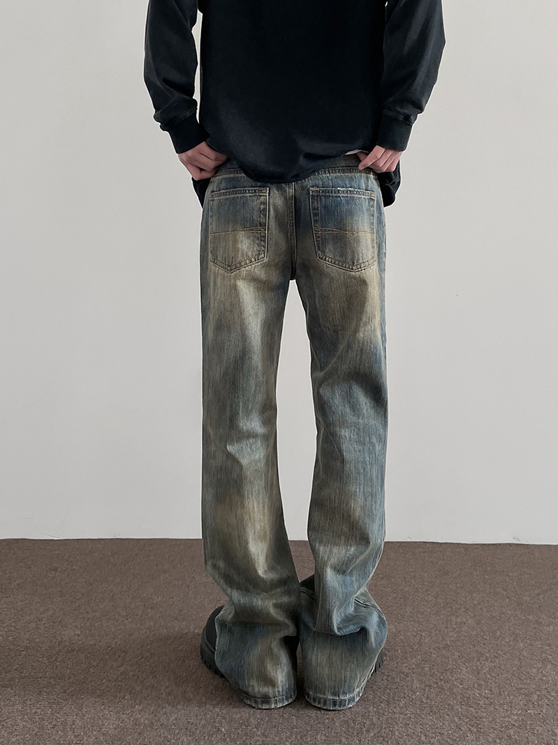Retro Mud-Dyed Distressed Denim Pants - Trendy Straight Leg Flared Trousers for High Street Style, 90s Inspired Fashion Retro Mud-Dyed Distressed Denim Pants - Trendy Straight Leg Flared Trousers for High Street Style, 90s Inspired Fashion