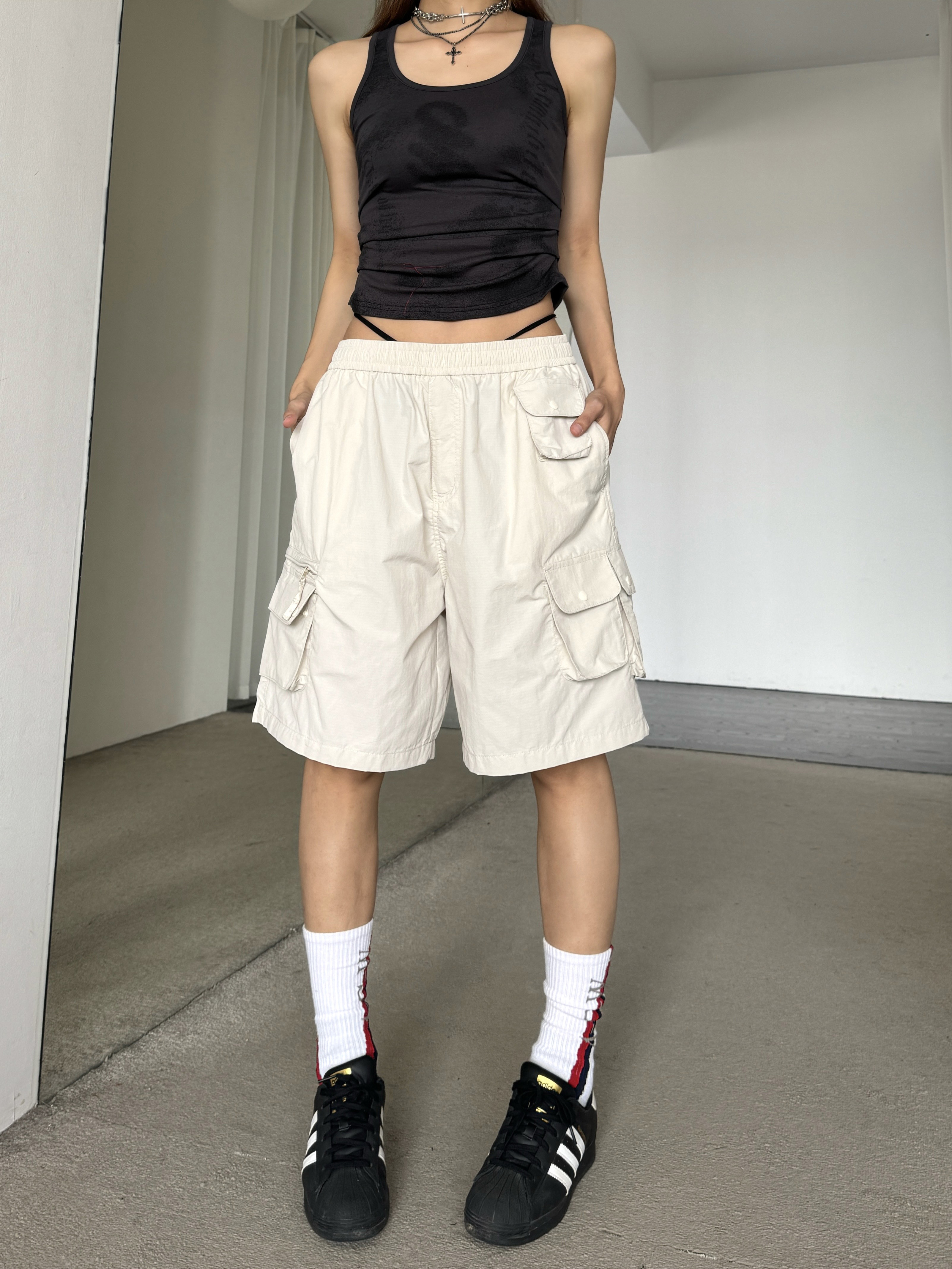 Retro Multi-Pocket Drawstring Elastic Waist Cargo Shorts - Slimming Loose Wide-Leg Five-Point Trendy Summer Pants Retro Multi-Pocket Drawstring Elastic Waist Cargo Shorts - Slimming Loose Wide-Leg Five-Point Trendy Summer Pants