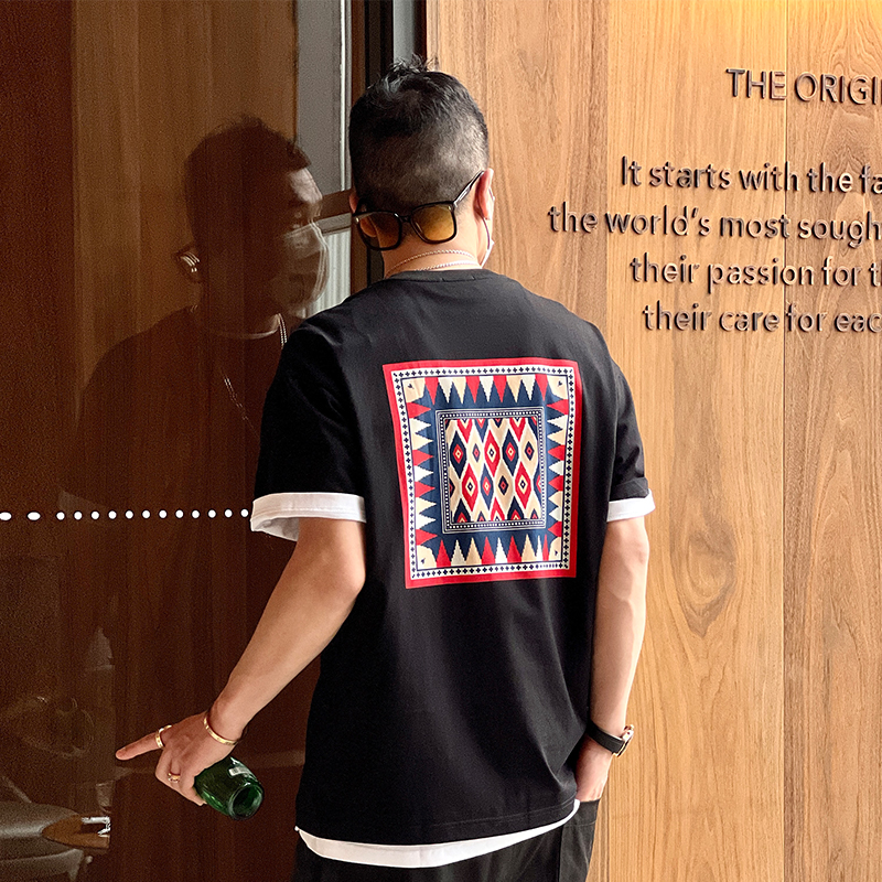 Retro National Style Printed Loose Fit Summer T-Shirt - Trendy Embroidered Casual Men's Short Sleeve Top