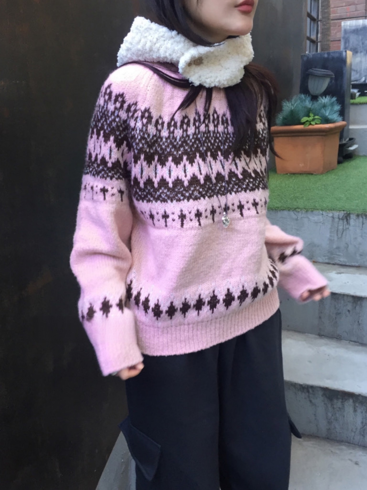 Retro Nordic Snowflake Knitted Sweater in Cream Pink - Casual Cute Winter Fashion