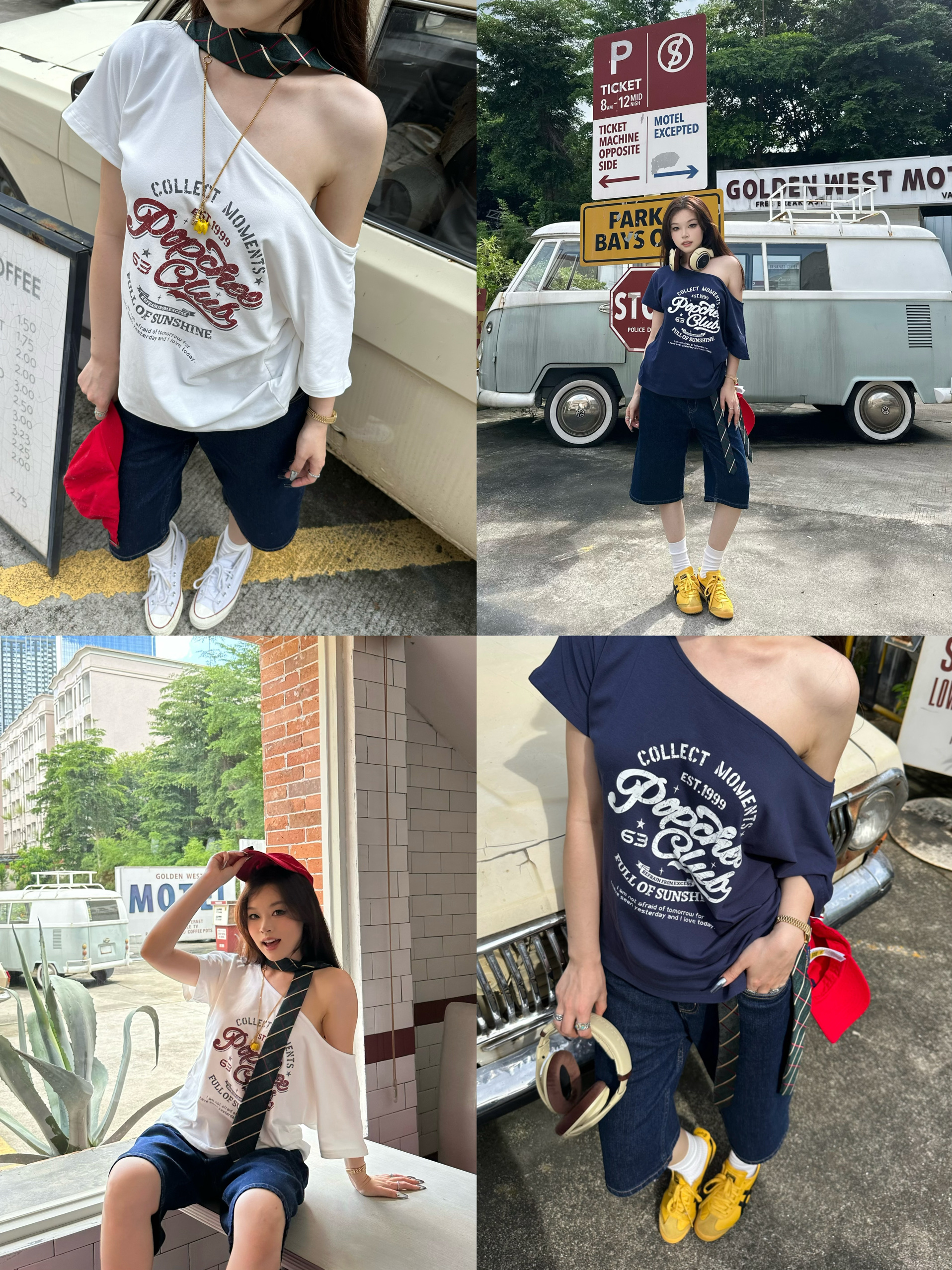 Retro Off-Shoulder Two-Color Vintage Printed T-Shirt for Girls - 90s American Style