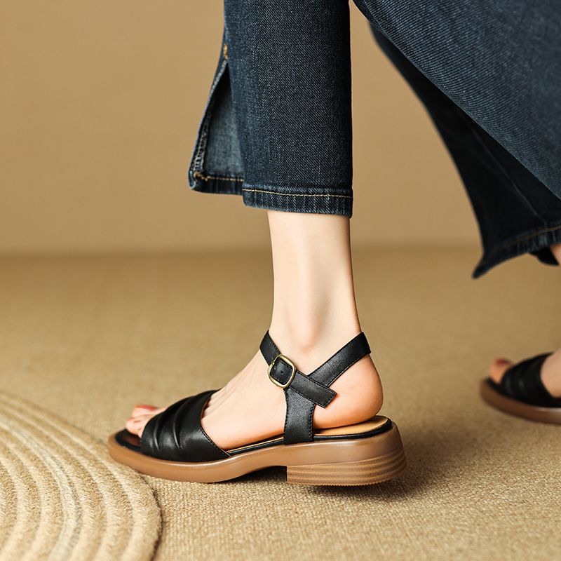 Retro One-Strap Flat Open-Toe Sandals for Women, Genuine Leather Casual Roman Shoes, Thick-Soled Peep-Toe Summer 2025 Style