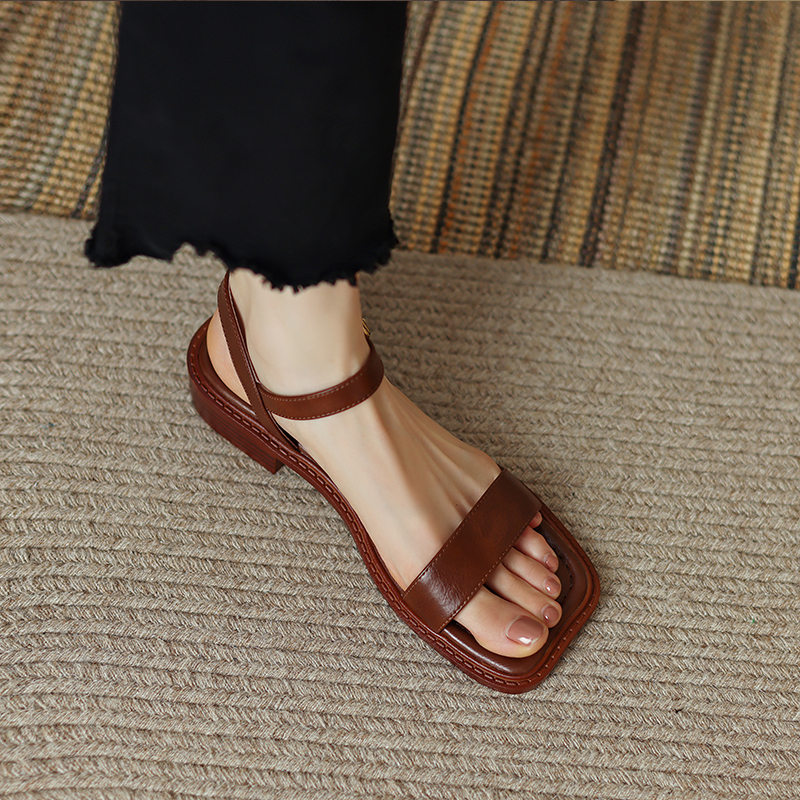 Retro One-Strap Flat Roman Sandals for Women - Summer 2025 Square Toe Open Toe Casual Low Heel Large Size 41-43 Retro One-Strap Flat Roman Sandals for Women - Summer 2025 Square Toe Open Toe Casual Low Heel Large Size 41-43