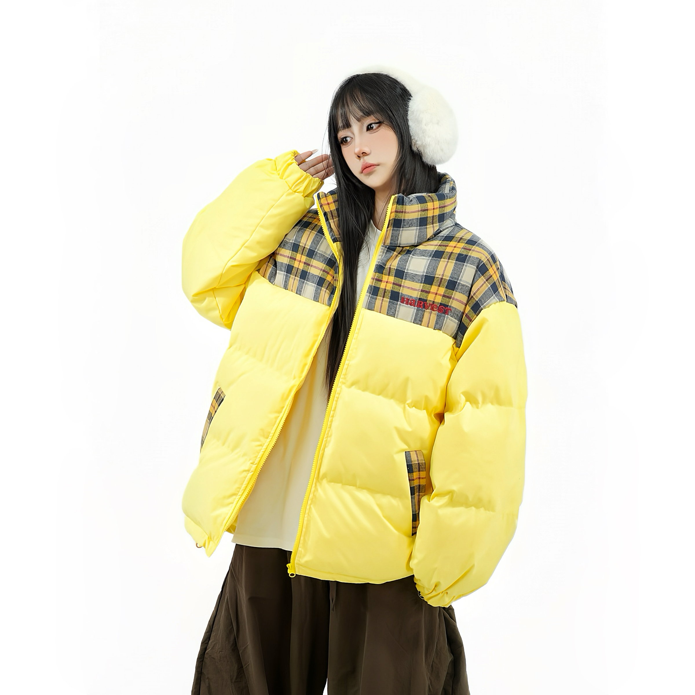 Retro Patchwork Checkered Cotton Puffer Jacket for Couples - Thickened Winter Coat, American Style, Original Design