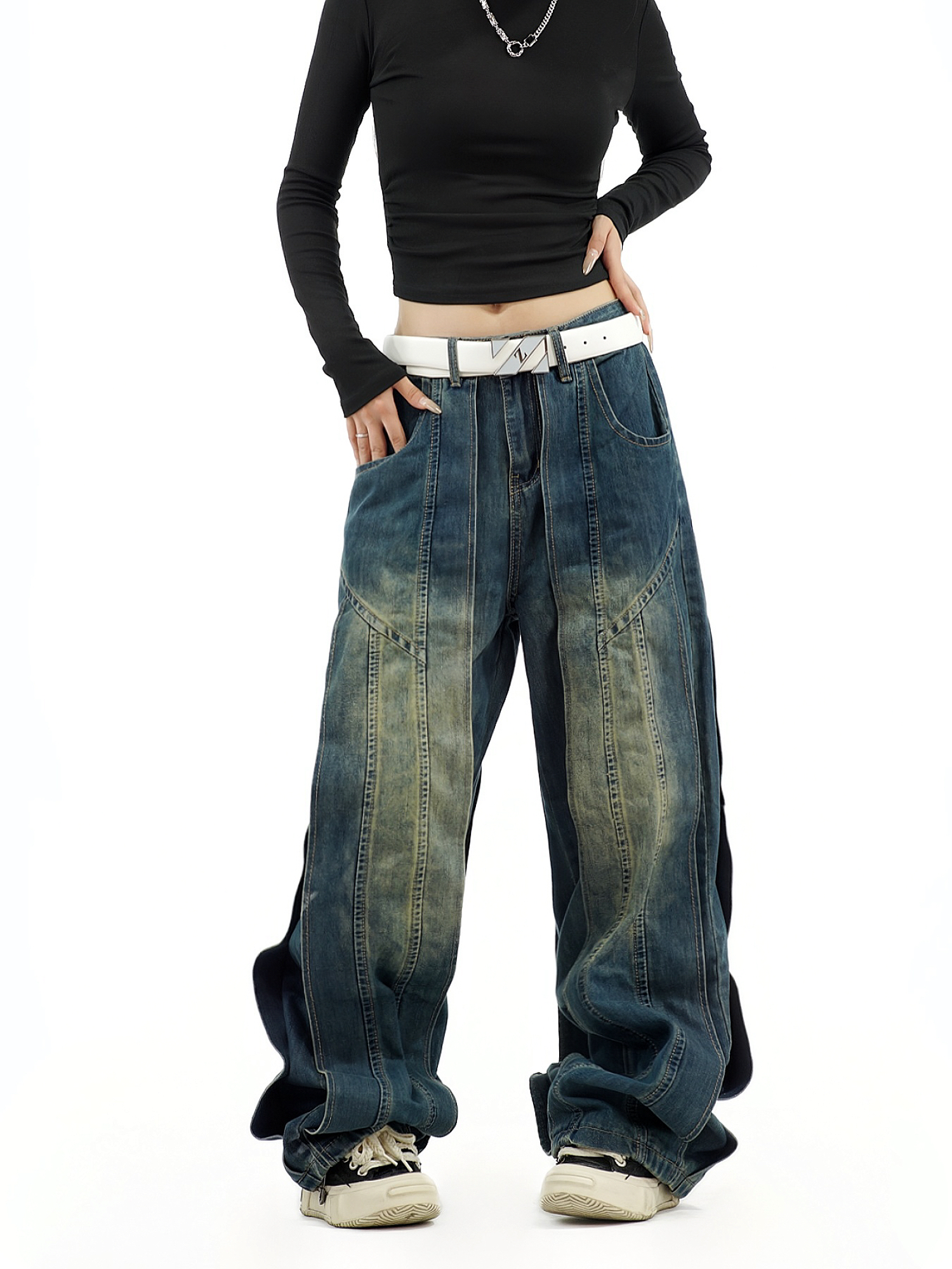 Retro Patchwork Distressed Denim Pants for Unisex - Loose Wide-Leg Trousers in American Style, Niche Design for 90s Aesthetic