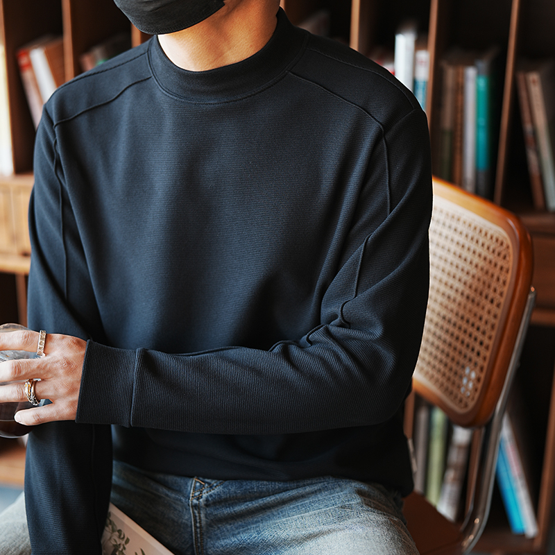 Retro Patchwork Half-High Collar Long Sleeve T-Shirt for Men - Trendy Autumn Winter Basic Top, Versatile Casual Wear