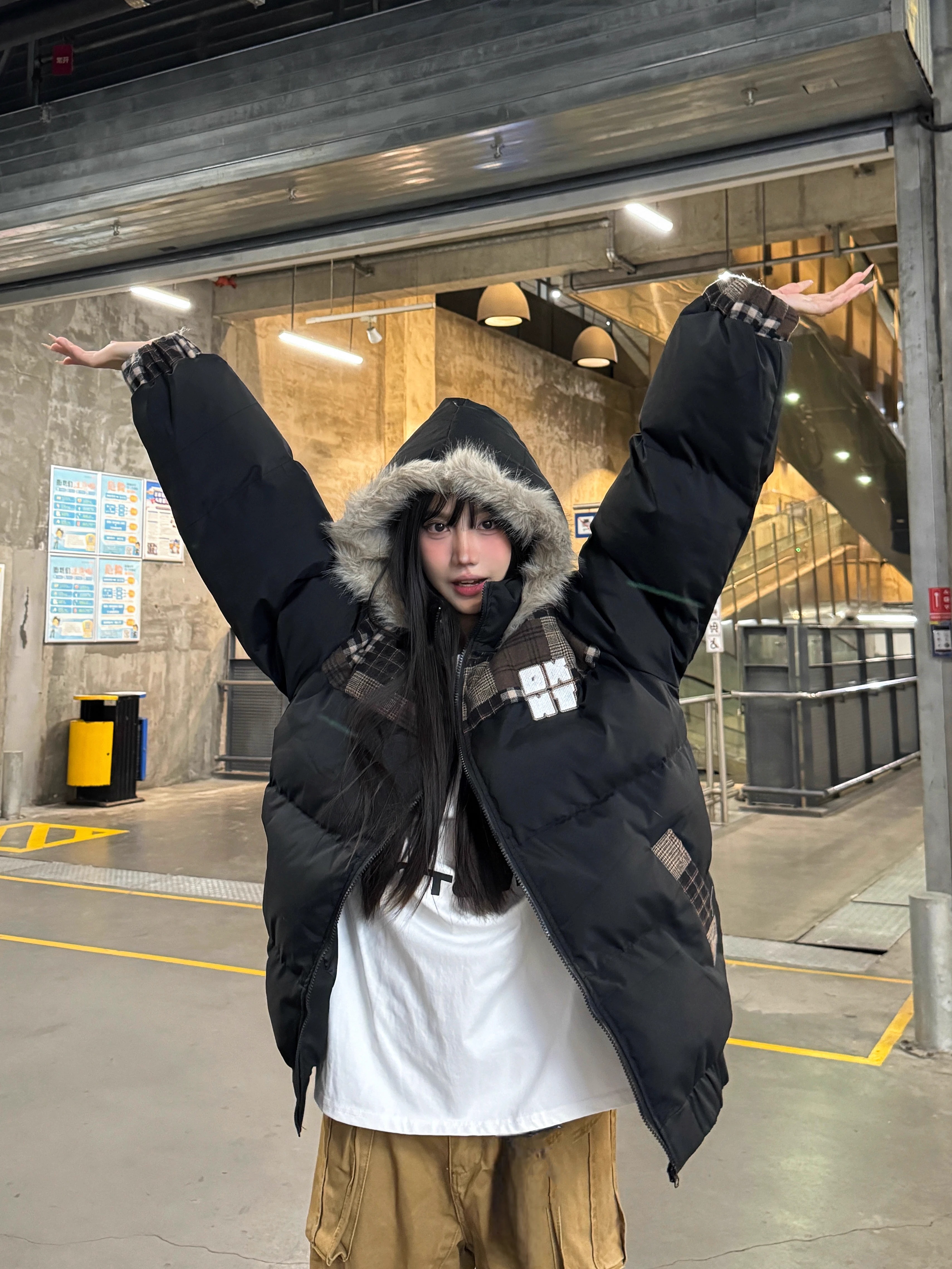 Retro Patchwork Plaid Coat with Detachable Fur Collar - Warm Thick Cotton Winter Jacket Retro Patchwork Plaid Coat with Detachable Fur Collar - Warm Thick Cotton Winter Jacket