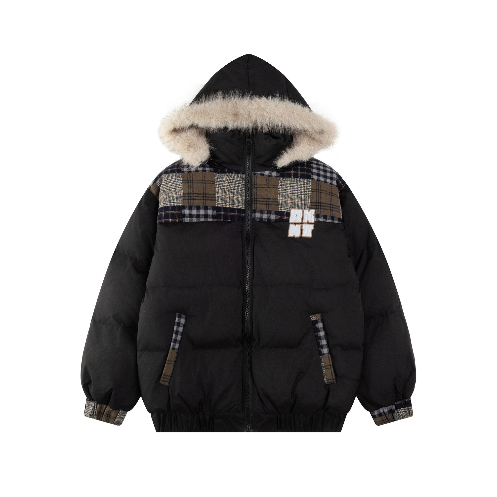Retro Patchwork Plaid Coat with Detachable Fur Collar - Warm Thick Cotton Winter Jacket