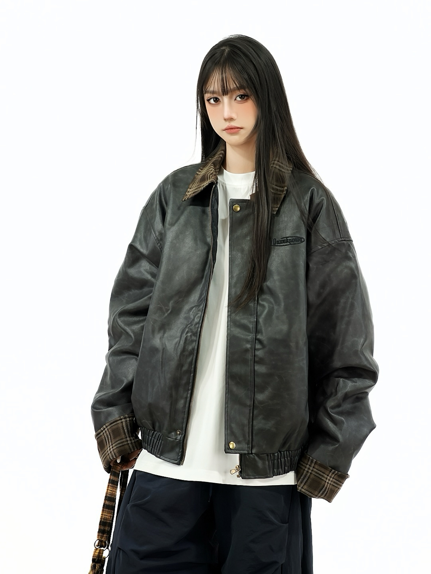 Retro Patchwork Plaid Leather Jacket for Women - Thickened Cotton Winter Outerwear, Loose Fit, Vintage American Style Retro Patchwork Plaid Leather Jacket for Women - Thickened Cotton Winter Outerwear, Loose Fit, Vintage American Style