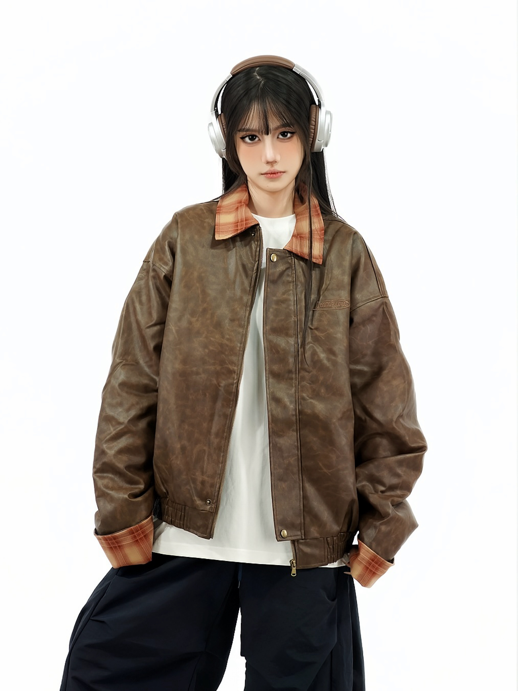 Retro Patchwork Plaid Leather Jacket for Women - Thickened Cotton Winter Outerwear, Loose Fit, Vintage American Style Retro Patchwork Plaid Leather Jacket for Women - Thickened Cotton Winter Outerwear, Loose Fit, Vintage American Style