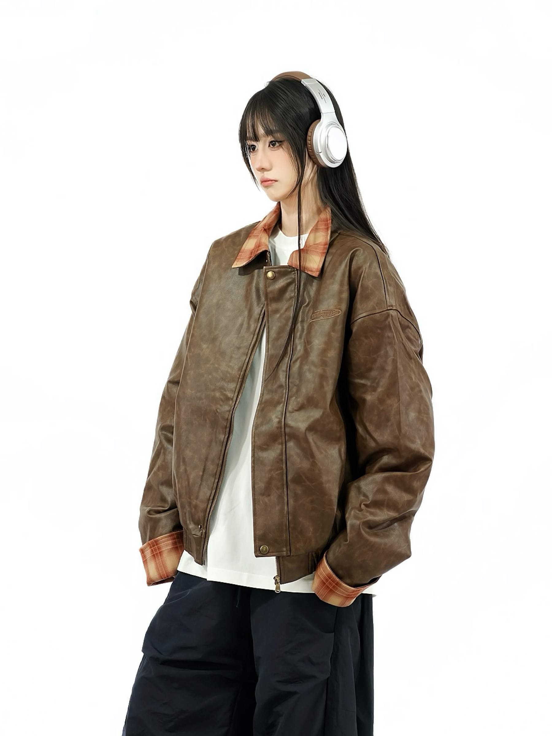 Retro Patchwork Plaid Leather Jacket for Women - Thickened Cotton Winter Outerwear, Loose Fit, Vintage American Style Retro Patchwork Plaid Leather Jacket for Women - Thickened Cotton Winter Outerwear, Loose Fit, Vintage American Style