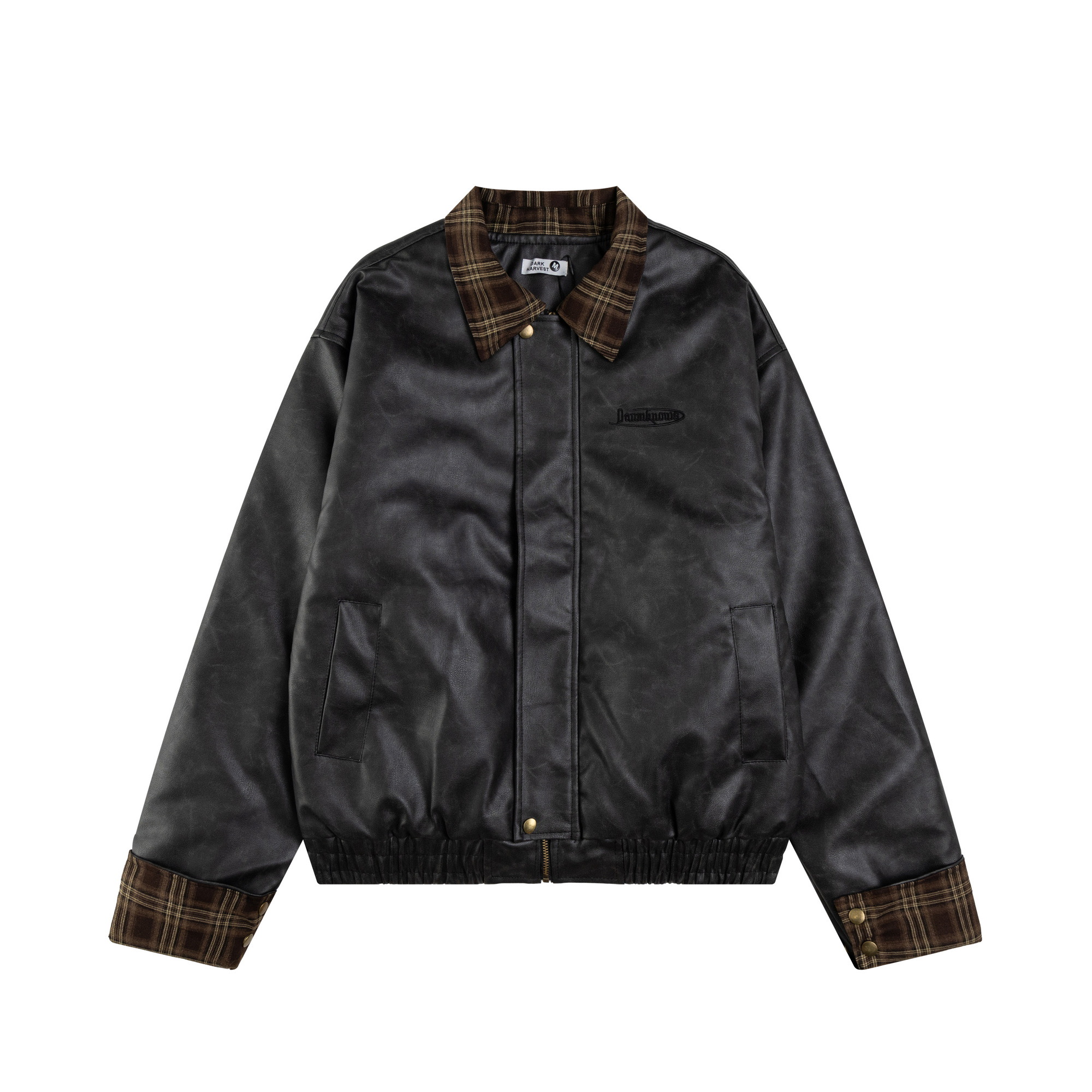 Retro Patchwork Plaid Leather Jacket for Women - Thickened Cotton Winter Outerwear, Loose Fit, Vintage American Style Retro Patchwork Plaid Leather Jacket for Women - Thickened Cotton Winter Outerwear, Loose Fit, Vintage American Style