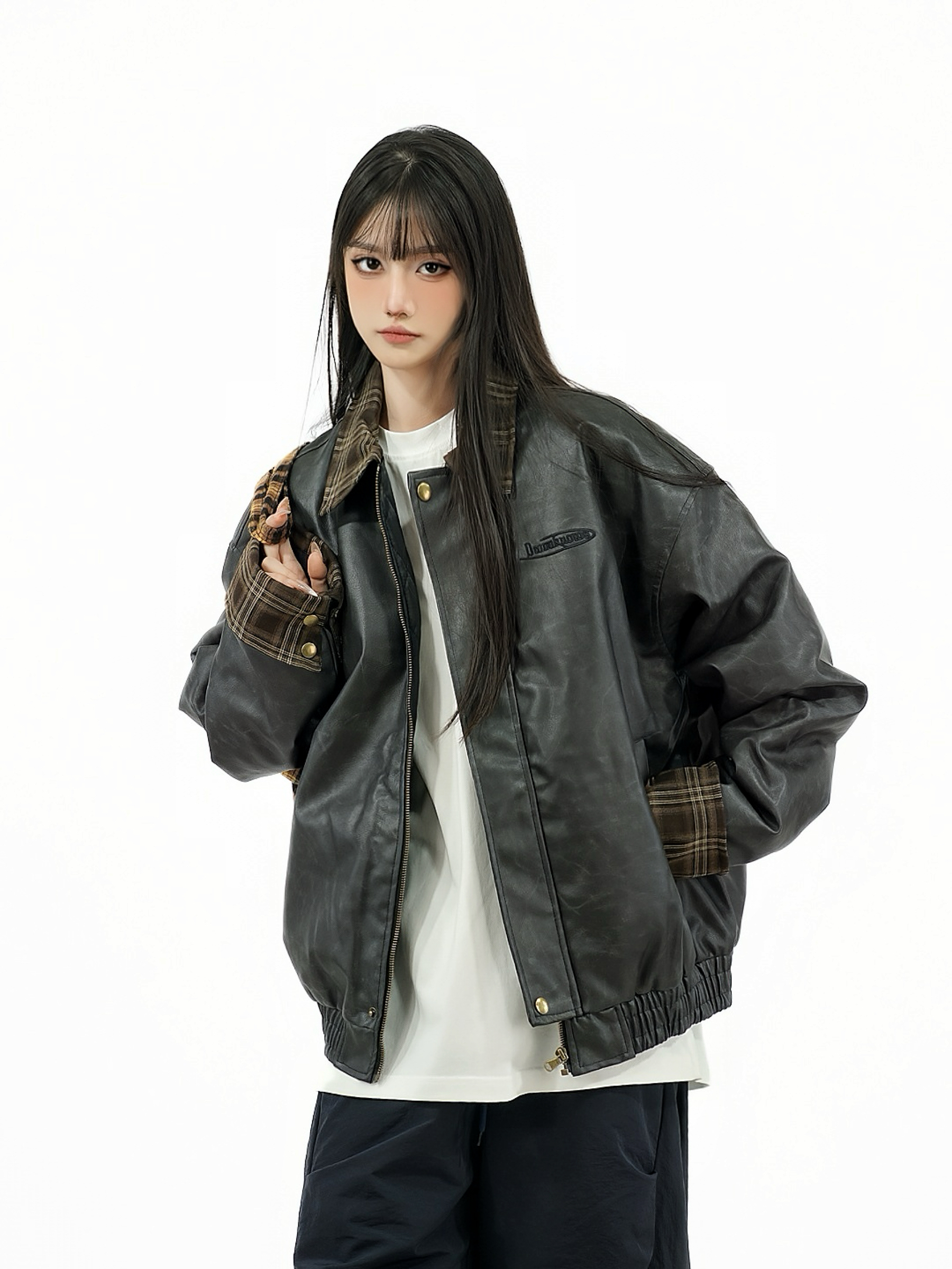 Retro Patchwork Plaid Leather Jacket for Women - Thickened Cotton Winter Outerwear, Loose Fit, Vintage American Style Retro Patchwork Plaid Leather Jacket for Women - Thickened Cotton Winter Outerwear, Loose Fit, Vintage American Style