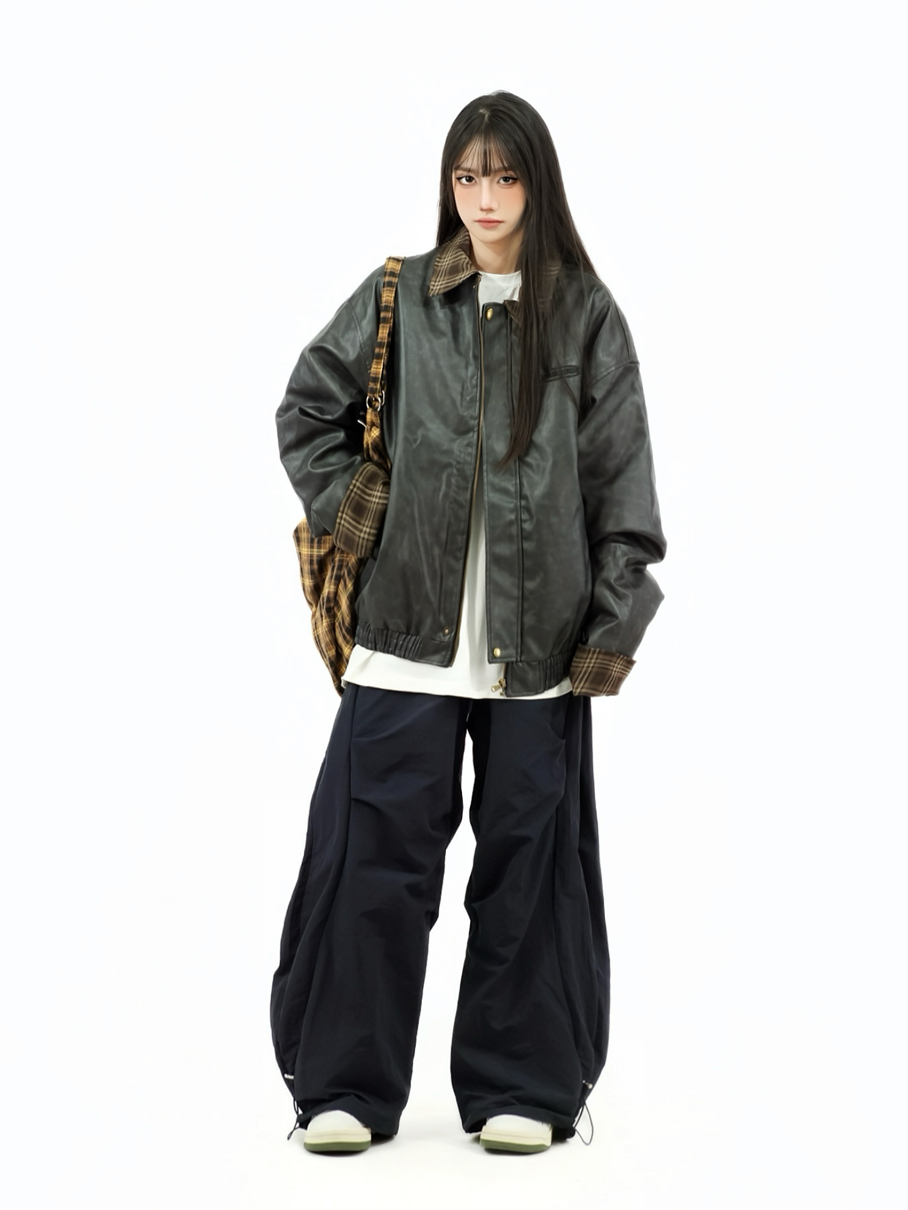 Retro Patchwork Plaid Leather Jacket for Women - Thickened Cotton Winter Outerwear, Loose Fit, Vintage American Style Retro Patchwork Plaid Leather Jacket for Women - Thickened Cotton Winter Outerwear, Loose Fit, Vintage American Style